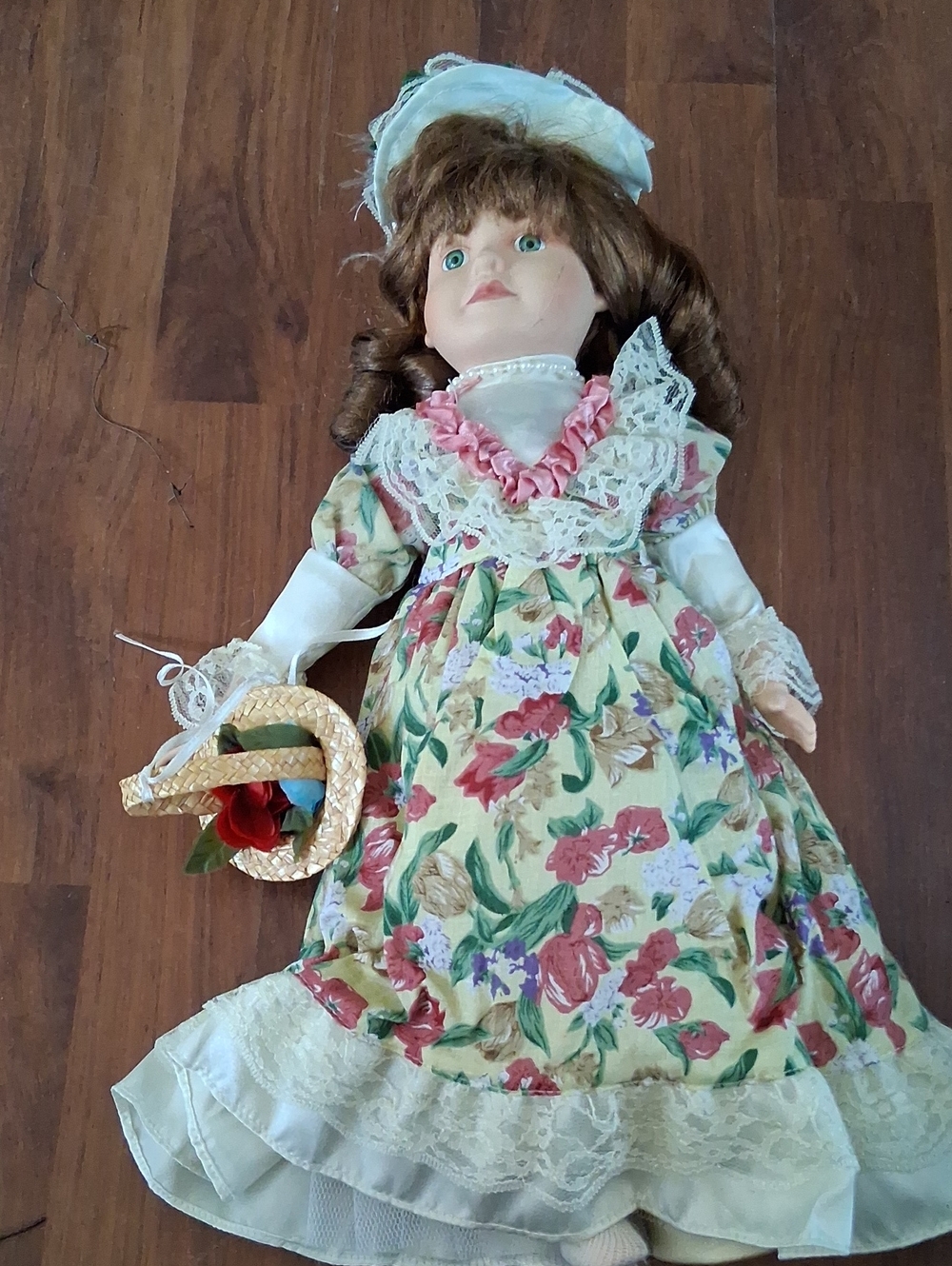 Vintage-Style Floral Dress Porcelain Doll - Cream and Pink